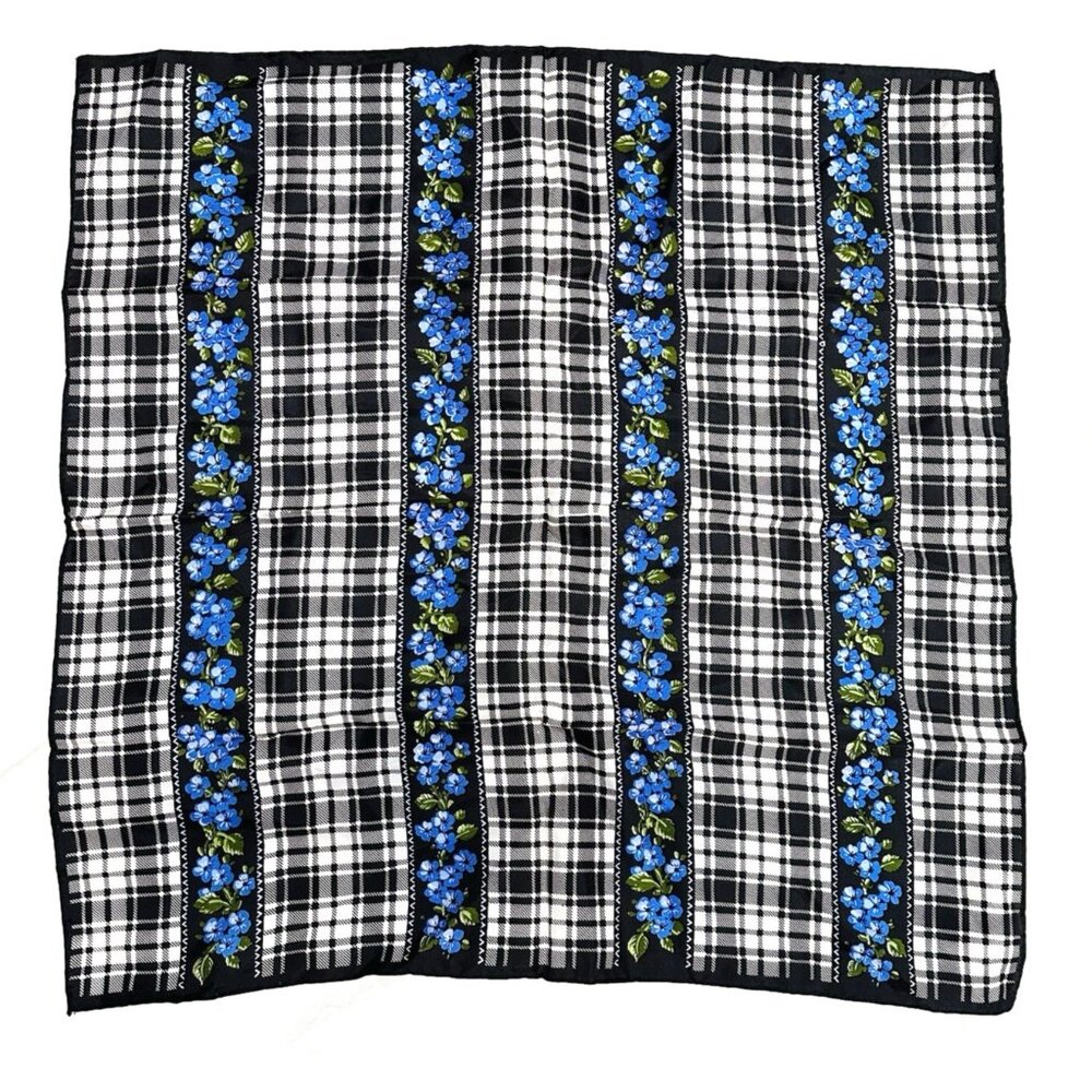VTG Glentex Scarf Purple Violets Green Leaves Black White Houndstooth 22” Japan